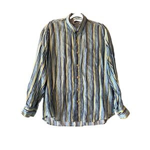 Tommy Bahama Shirt Men's Large Blue White Stripes Linen Pocket Long‎ Sleeve